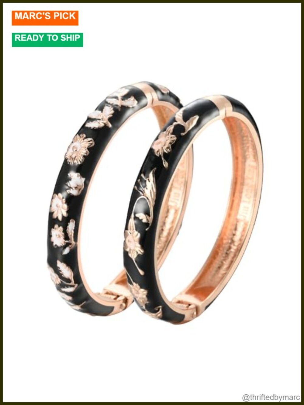 Enamel Floral Cuff Bangle Bracelet Set Spring Hinge 2 Pack